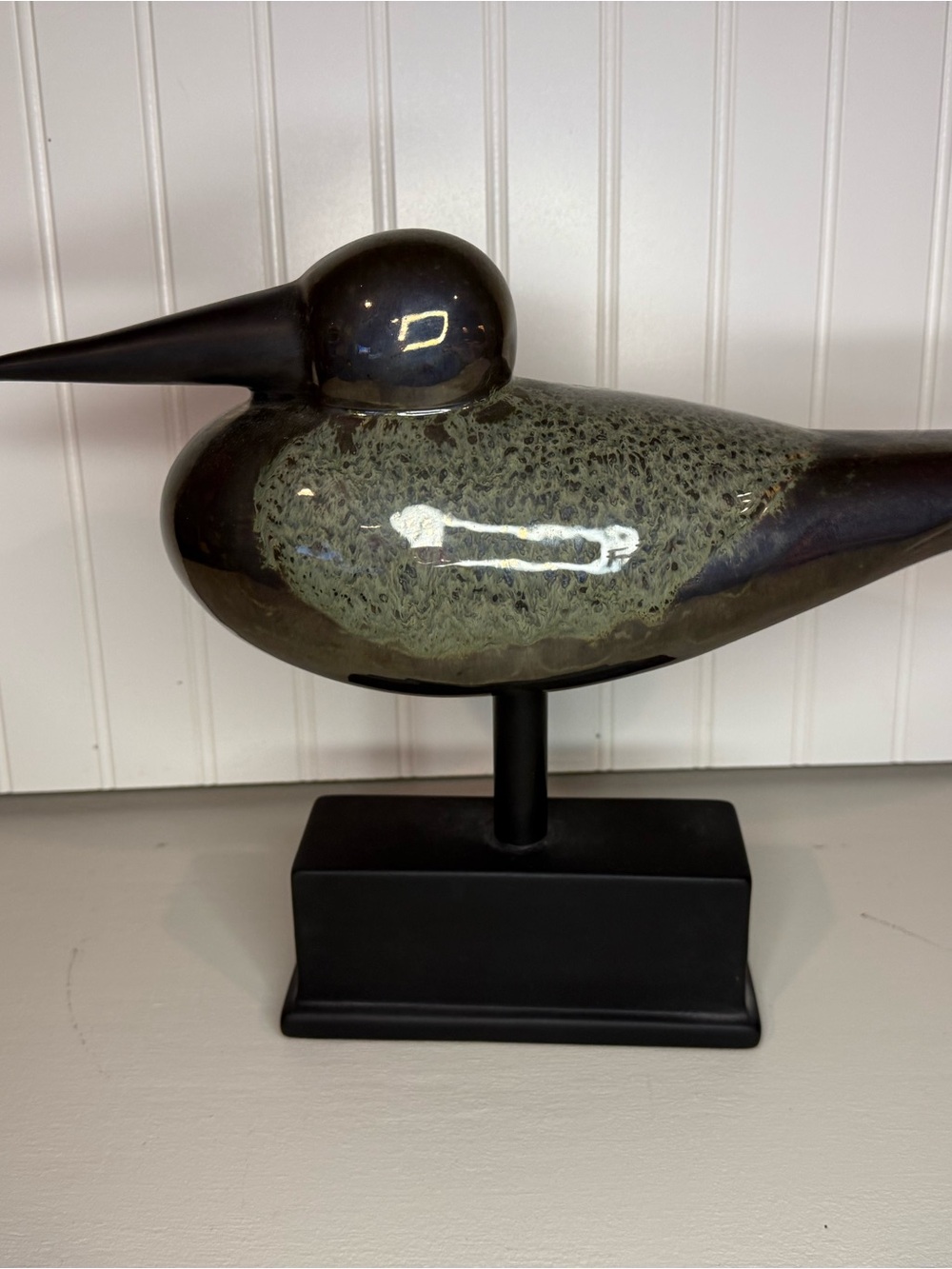 Vintage Mid-Century Modern Bird Sculpture Minimalist Gloss Black Glass Ceramic